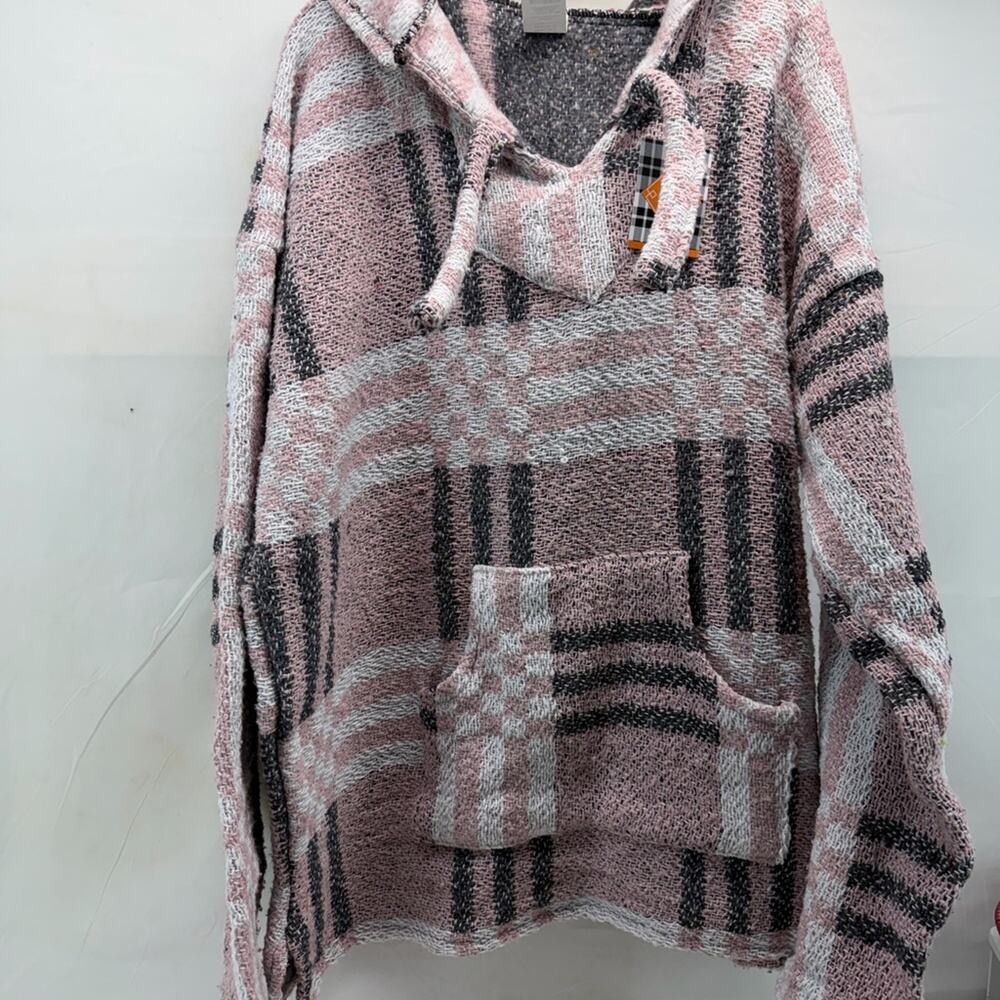 San Jose’ XXL women’s Plaid Hooded poncho / Baja Sweater in Pink and Gray